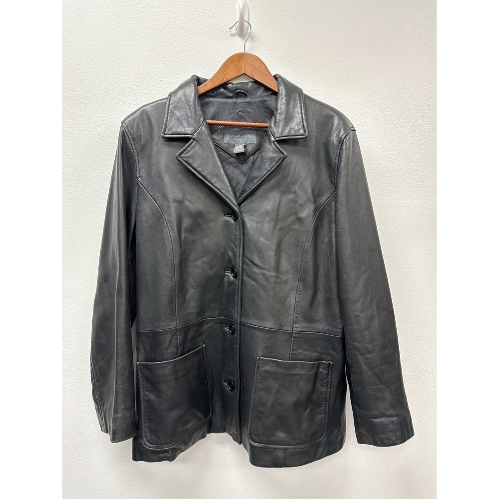 Vintage 90s Relativity Four Button Patch Pocket Leather Blazer Jacket Black XL
